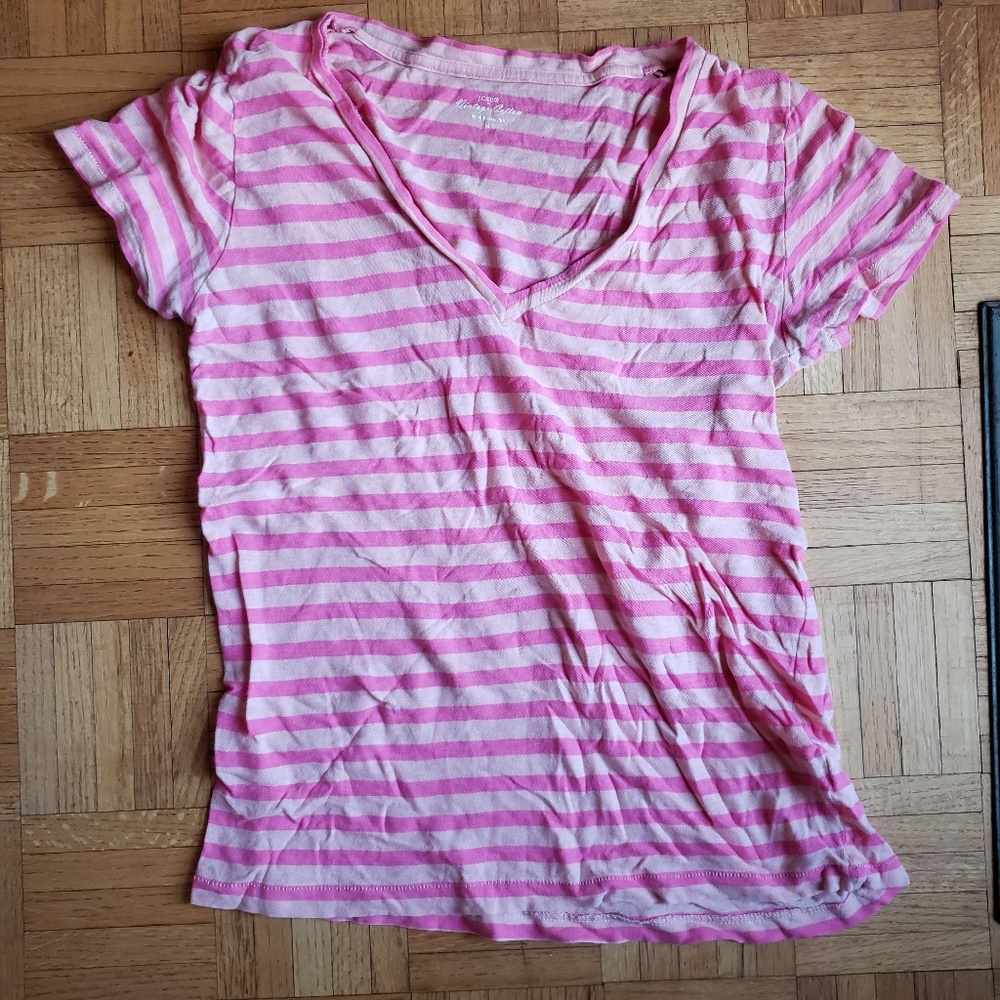 J Crew V-neck Short Sleeved Tee, Pink Striped